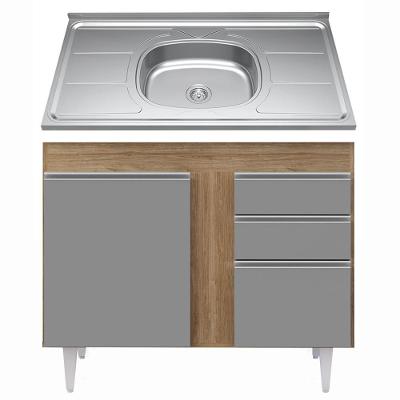 Balcão Gabinete Com Pia Inox 100cm 2 Portas 2 Gavetas Luziania Castanho-cinza - Lumil
