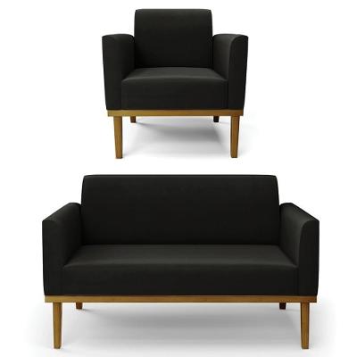 Sofá Namoradeira E 1 Poltrona Base Madeira Castanho Maressa Suede Preto - Ibiza