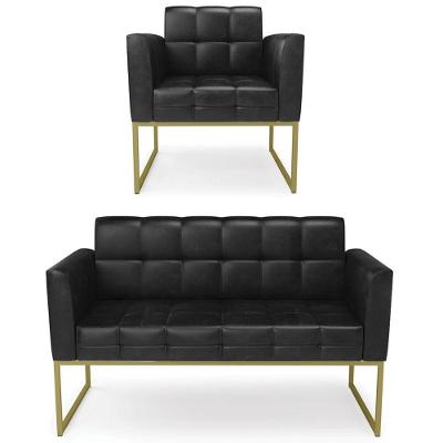 Sofá Namoradeira E 1 Poltrona Base Industrial Dourado Ana Sintético Pu Preto - Ibiza