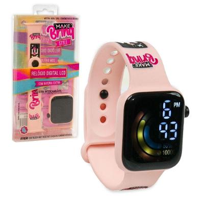 Relógio Digital Infantil Lcd Hora Cronômetro Troca Pulseira Rosa