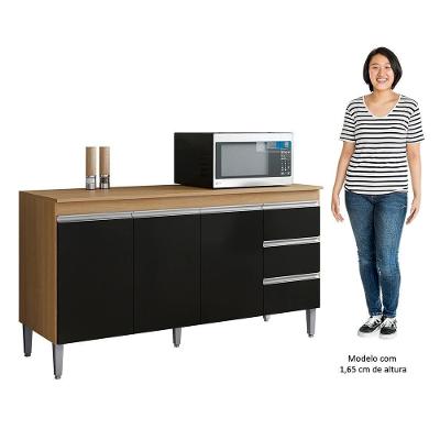 Balcão De Cozinha Com Tampo 150cm 3 Gavetas Andréia Amêndoa-preto - Ajl Móveis