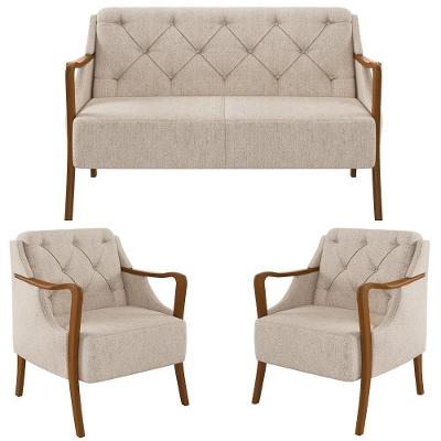 Kit Namoradeira 135cm E 2 Poltronas Decorativas Capitonê Lapa M22 Linho Cru Liso - Mpozenato