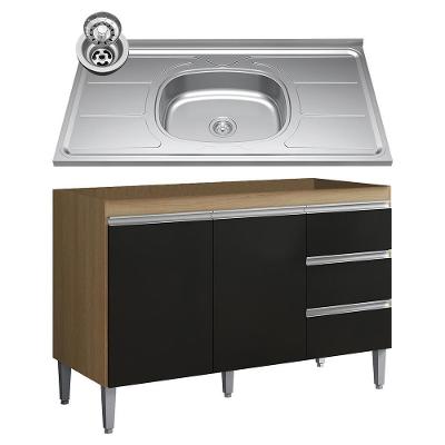 Balcão De Cozinha Com Pia Inox 100cm 3 Gavetas Andréia Amêndoa-preto - Ajl Móveis