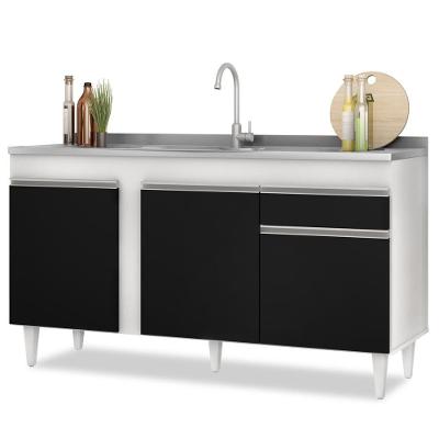Balcão Gabinete Com Pia Inox 150cm 3 Portas 1 Gaveta Dakota Branco-preto - Lumil