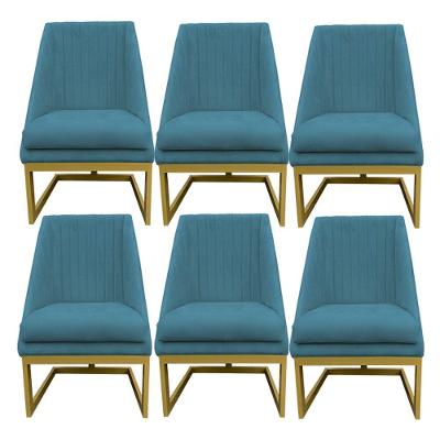 Kit 06 Cadeiras Para Sala De Jantar Ana Base De Ferro Suede Azul Tiffany D'classe Decor