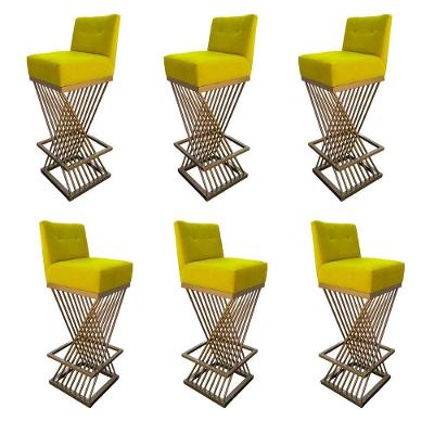 Kit 06 Banquetas Luma Base De Ferro Sued Amarelo D'classe Decor