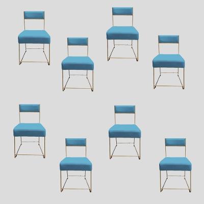 Kit 08 Cadeiras Atena Base De Ferro Maciço Dourada Suede Azul Tiffany D'classe Decor
