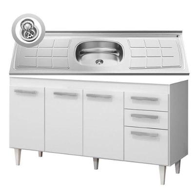 Balcão Gabinete Lis E Pia Inox 150cm 4 Portas L03 Lis - Mpozenato Branco-castanho
