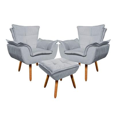 Kit 2 Poltronas Decorativas Pés Palito Com Puff Opla Suede Cinza - Ibiza