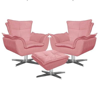 Kit 2 Poltronas Decorativas Base Giratória Cromada Com Puff Opla Suede Rose - Ibiza