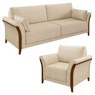 Kit Sofá Living 3 Lugares E Poltrona 102cm Pés Madeira Roya M22 Linho Champanhe - Mpozenato