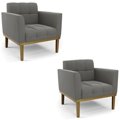Poltrona Base Madeira Castanho Kit 2 Ana Suede Grafite - Ibiza
