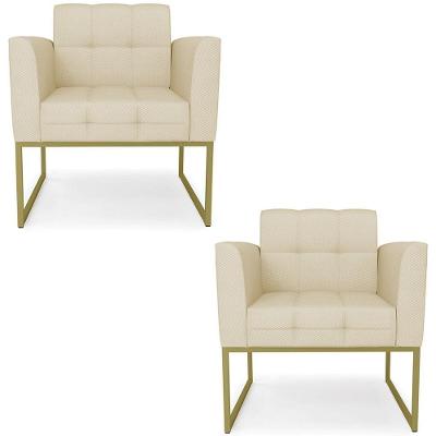 Poltrona Base Industrial Dourado Kit 2 Ana Veludo Luxo Off White - Ibiza