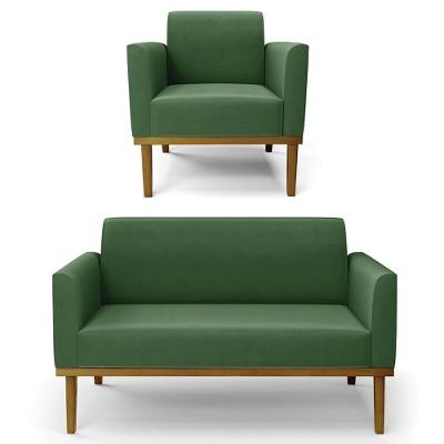 Sofá Namoradeira E 1 Poltrona Base Madeira Castanho Maressa Suede Verde - Ibiza