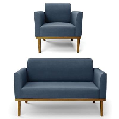 Sofá Namoradeira E 1 Poltrona Base Madeira Castanho Maressa Suede Azul Marinho - Ibiza