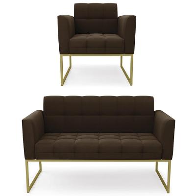 Sofá Namoradeira E 1 Poltrona Base Industrial Dourado Ana Suede Marrom - Ibiza