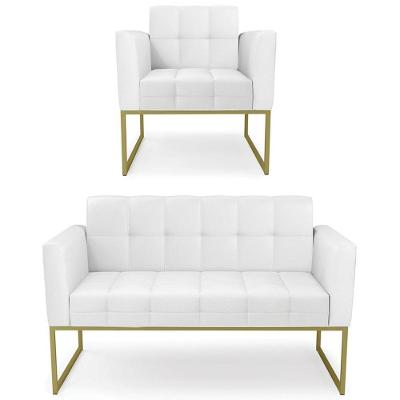 Sofá Namoradeira E 1 Poltrona Base Industrial Dourado Ana Sintético Branco - Ibiza