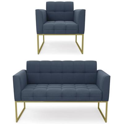 Sofá Namoradeira E 1 Poltrona Base Industrial Dourado Ana Suede Azul Marinho - Ibiza