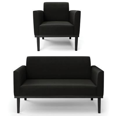 Sofá Namoradeira E 1 Poltrona Base Madeira Preto Maressa Suede Preto - Ibiza
