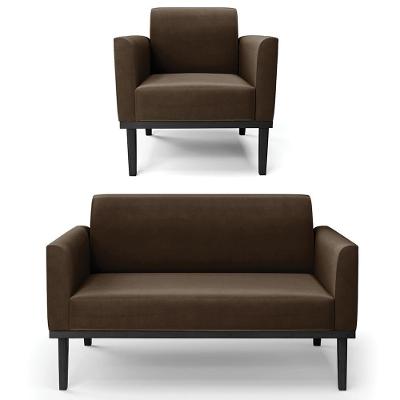 Sofá Namoradeira E 1 Poltrona Base Madeira Preto Maressa Suede Marrom - Ibiza