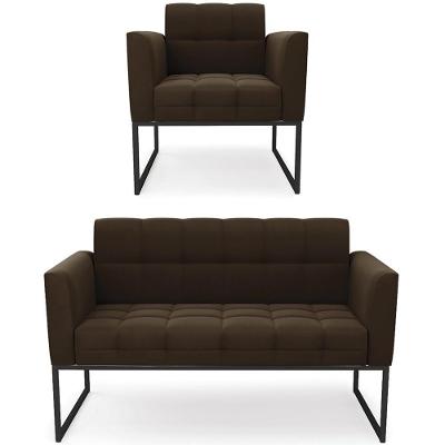Sofá Namoradeira E 1 Poltrona Base Industrial Preto Ana Suede Marrom - Ibiza