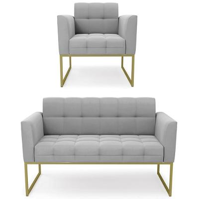 Sofá Namoradeira E 1 Poltrona Base Industrial Dourado Ana Suede Cinza - Ibiza