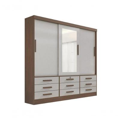 Guarda Roupa Casal Meridian Com Espelho 3 Portas 9 Gavetas Com Pés - D' Doro Castanho-off White