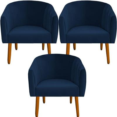 Kit 03 Poltrona Julia Decoração Salão Cadeira Escritório Recepção Estar Amamentação Suede Azul Marinho D'classe Decor