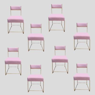 Kit 08 Cadeiras Atena Base De Ferro Maciço Dourada Suede Rosa Bebê D'classe Decor
