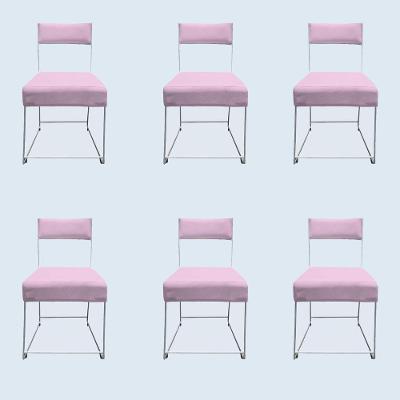 Kit 06 Cadeiras Atena Base De Ferro Maciço Prata Suede Rosa Bebê D'classe Decor
