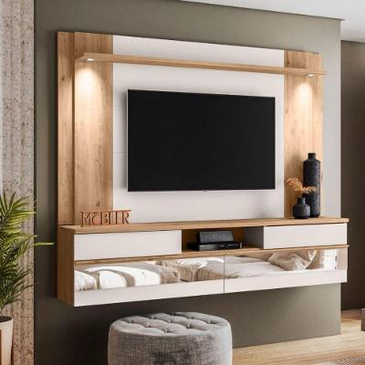 Painel Home Suspenso Tv 75 Charme Espelho E Luminária Led Carvalho Teca Off White ártico