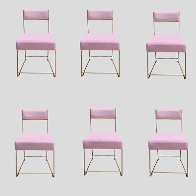 Kit 06 Cadeiras Atena Base De Ferro Maciço Dourada Suede Rosa Bebê D'classe Decor