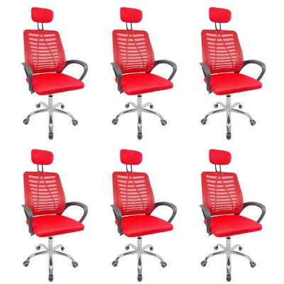 Kit 6 Cadeiras Escritório Diretor Tela Mesh Com Encosto De Cabeça Vermelho E Preto