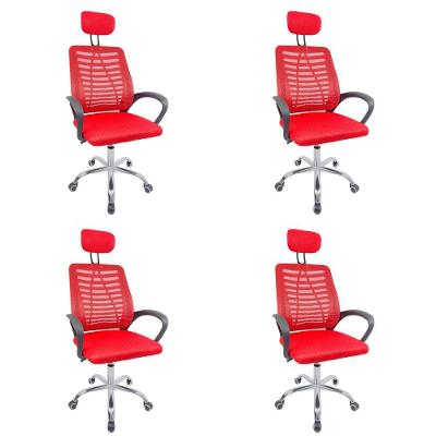 Kit 4 Cadeiras Escritório Diretor Tela Mesh Com Encosto De Cabeça Vermelho E Preto