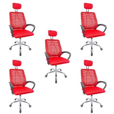 Kit 5 Cadeiras Escritório Diretor Tela Mesh Com Encosto De Cabeça Vermelho E Preto