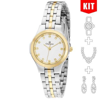 Relógio Champion Kit Feminino Misto Prata Dourado Cn25458d