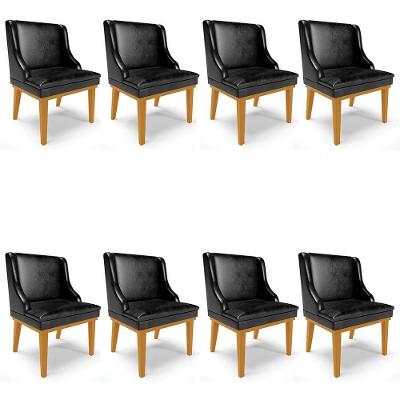 Kit 8 Cadeiras Estofadas Base Fixa De Madeira Castanho Lia Sintético Premium Preto - Ibiza