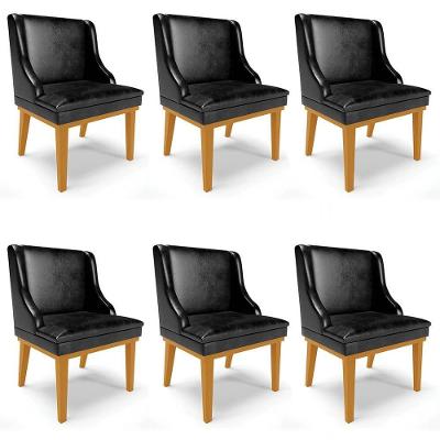 Kit 6 Cadeiras Estofadas Base Fixa De Madeira Castanho Lia Sintético Premium Preto - Ibiza