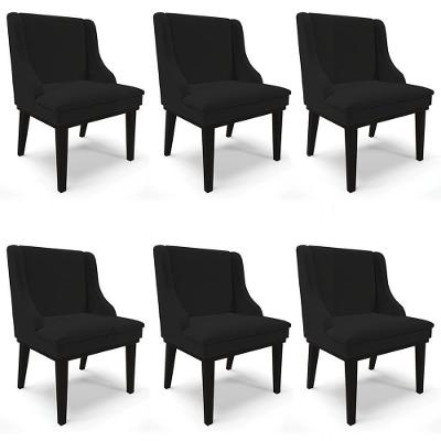 Kit 6 Cadeiras Estofadas Para Sala De Jantar Base Fixa De Madeira Preto Lia Linho Preto - Ibiza