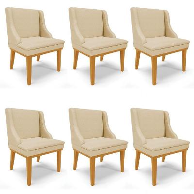 Kit 6 Cadeiras Estofadas Para Sala De Jantar Base Fixa De Madeira Castanho Lia Veludo Off White - Ibiza