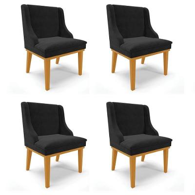 Kit 4 Cadeiras Estofadas Para Sala De Jantar Base Fixa De Madeira Castanho Lia Suede Preto - Ibiza