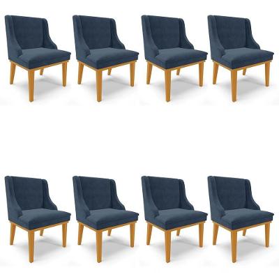 Kit 8 Cadeiras Estofadas Para Sala De Jantar Base Fixa De Madeira Castanho Lia Suede Azul Marinho - Ibiza