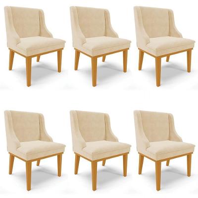 Kit 6 Cadeiras Estofadas Para Sala De Jantar Base Fixa De Madeira Castanho Lia Suede Bege - Ibiza