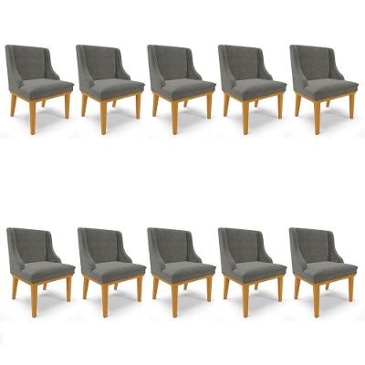 Kit 10 Cadeiras Estofadas Para Sala De Jantar Base Fixa De Madeira Castanho Lia Suede Grafite - Ibiza