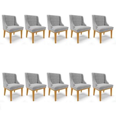 Kit 10 Cadeiras Estofadas Para Sala De Jantar Base Fixa De Madeira Castanho Lia Suede Cinza - Ibiza