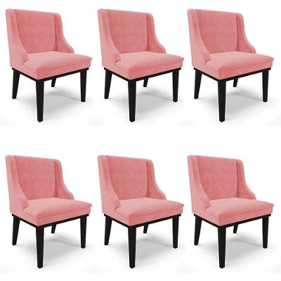 Kit 6 Cadeiras Estofadas Para Sala De Jantar Base Fixa De Madeira Preto Lia Suede Rosê - Ibiza
