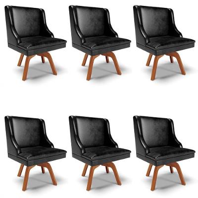 Kit 6 Cadeiras Estofadas Base Giratória De Madeira Lia Sintético Premium Preto - Ibiza