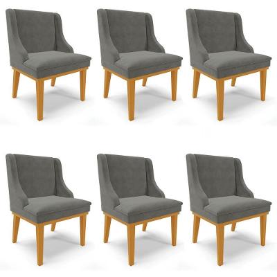 Kit 6 Cadeiras Estofadas Para Sala De Jantar Base Fixa De Madeira Castanho Lia Suede Grafite - Ibiza