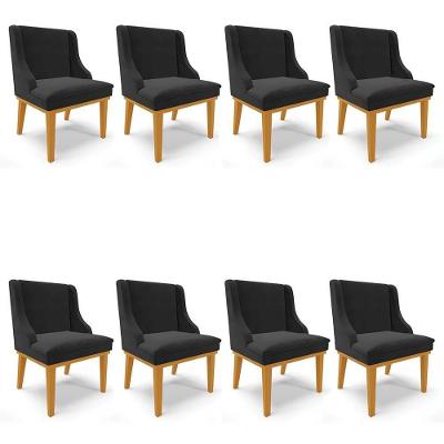 Kit 8 Cadeiras Estofadas Para Sala De Jantar Base Fixa De Madeira Castanho Lia Veludo Preto - Ibiza