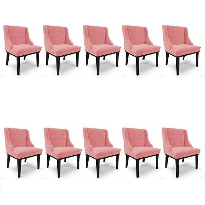 Kit 10 Cadeiras Estofadas Para Sala De Jantar Base Fixa De Madeira Preto Lia Suede Rosê - Ibiza